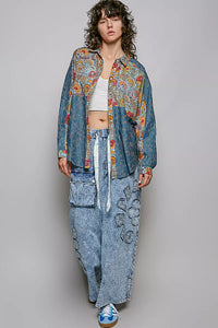 POL Patchwork Mixed Textured Paisley Floral Stripe Long Sleeve Shirt