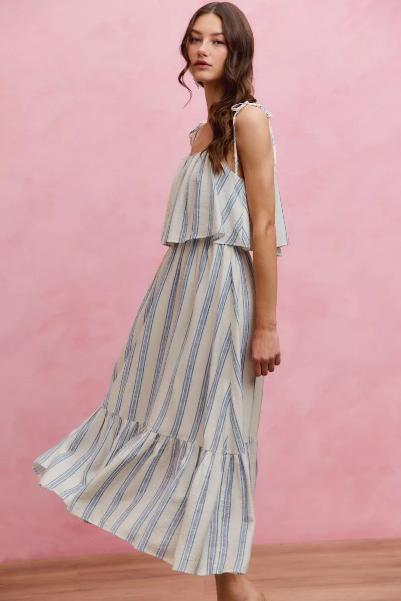 So Me Nautical Stripe Tiered Shoulder Tie Midi Dress