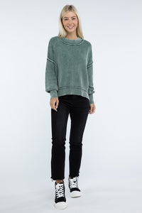 Ribbed Exposed Seam Round Neck Dropped Shoulder Sweater