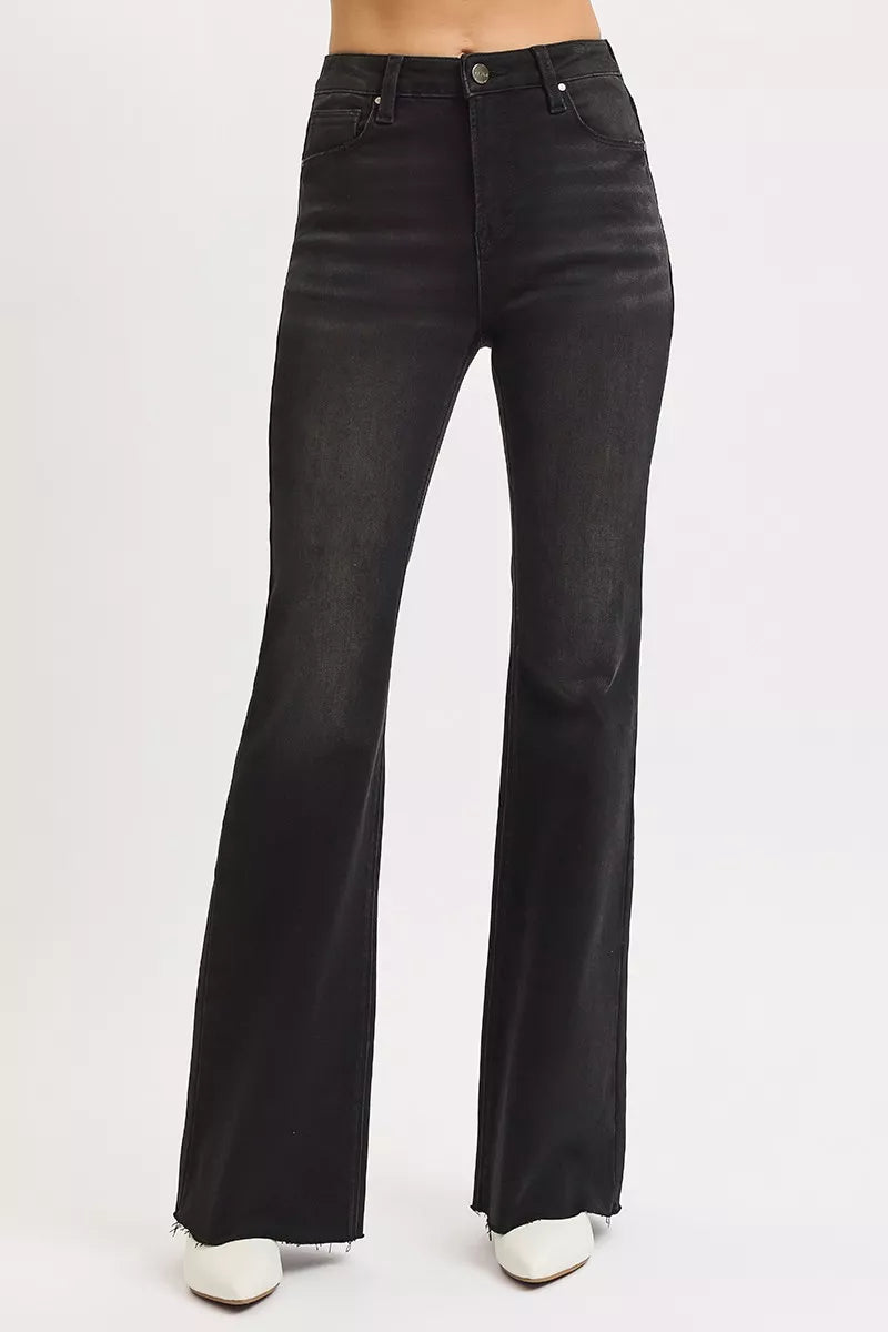 Risen High Rise Black Denim Flare Jeans