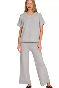 Zenana Sweater Knit Short Sleeve Top & Pants Set in Heather Gray