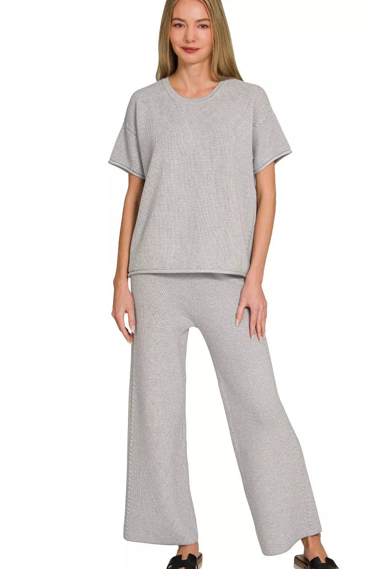Zenana Sweater Knit Short Sleeve Top & Pants Set in Heather Gray