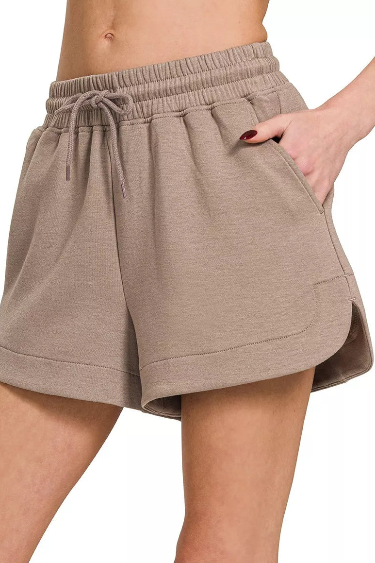 Zenana Scuba Elastic Waistband Shorts with Pockets in Cocoa