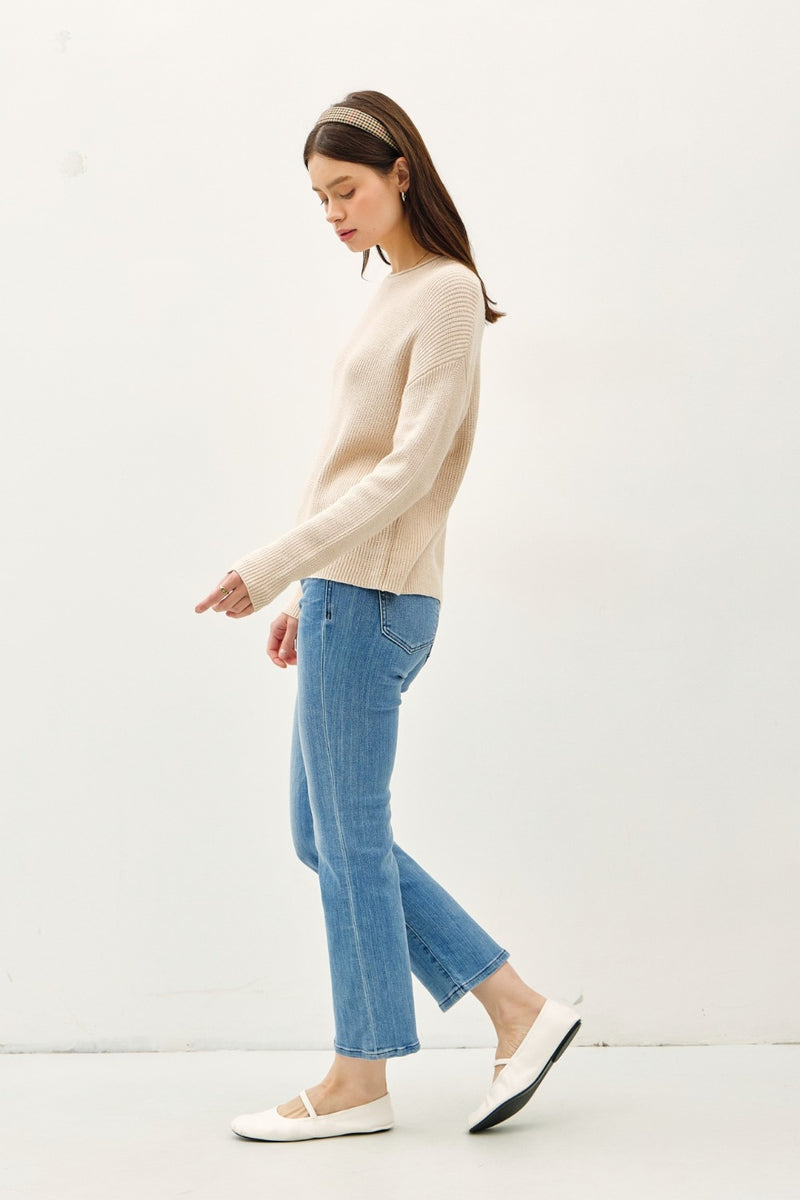 Oatmeal Round Neck Ribbed Sweater