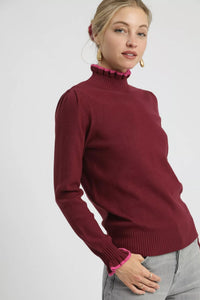 Umgee Contrast Ruffle Trim Burgundy Sweater
