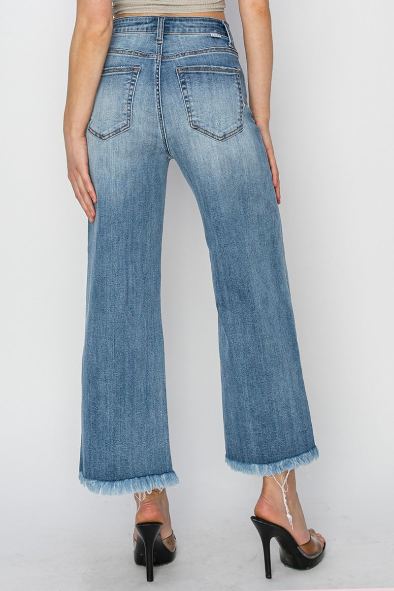 RISEN High Rise Raw Hem Cropped Wide Leg Jeans