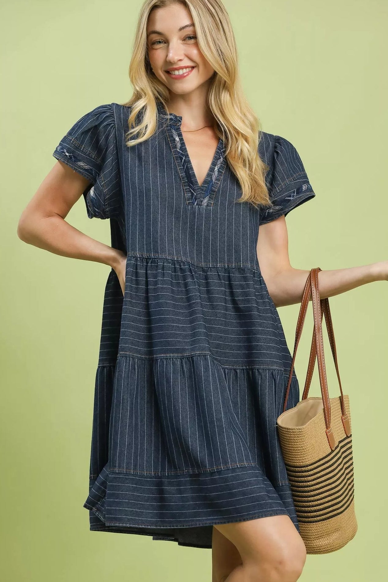 Umgee Chambray Tiered Babydoll Dress in Dark Denim