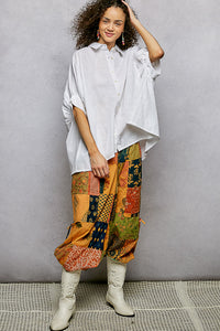 Off White Cotton Button Down Half Dolman Sleeve Shirt