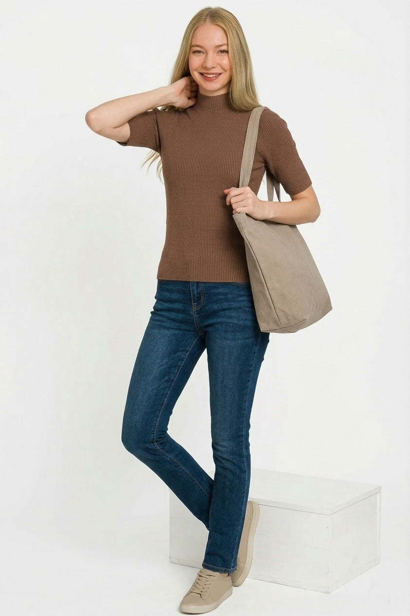 Zenana Viscose Ribbed Mock Neck Sweater Knit Top in Brown
