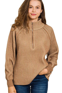 Zenana Ribbed Two Tone Half Zip Sweater in Deep Camel/Light Mocha