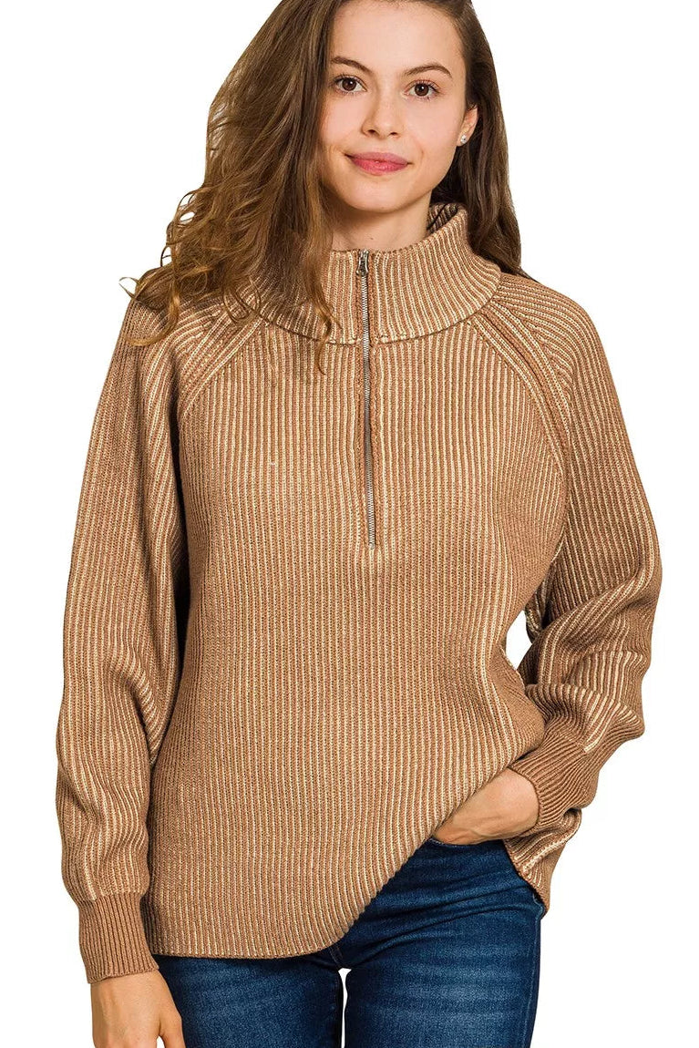 Zenana Ribbed Two Tone Half Zip Sweater in Deep Camel/Light Mocha