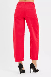 Risen High Rise Ankle Cuffed Barrel Pants in Scarlet Red