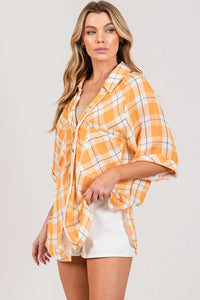 Apricot Plaid Button Up Side Slit Shirt