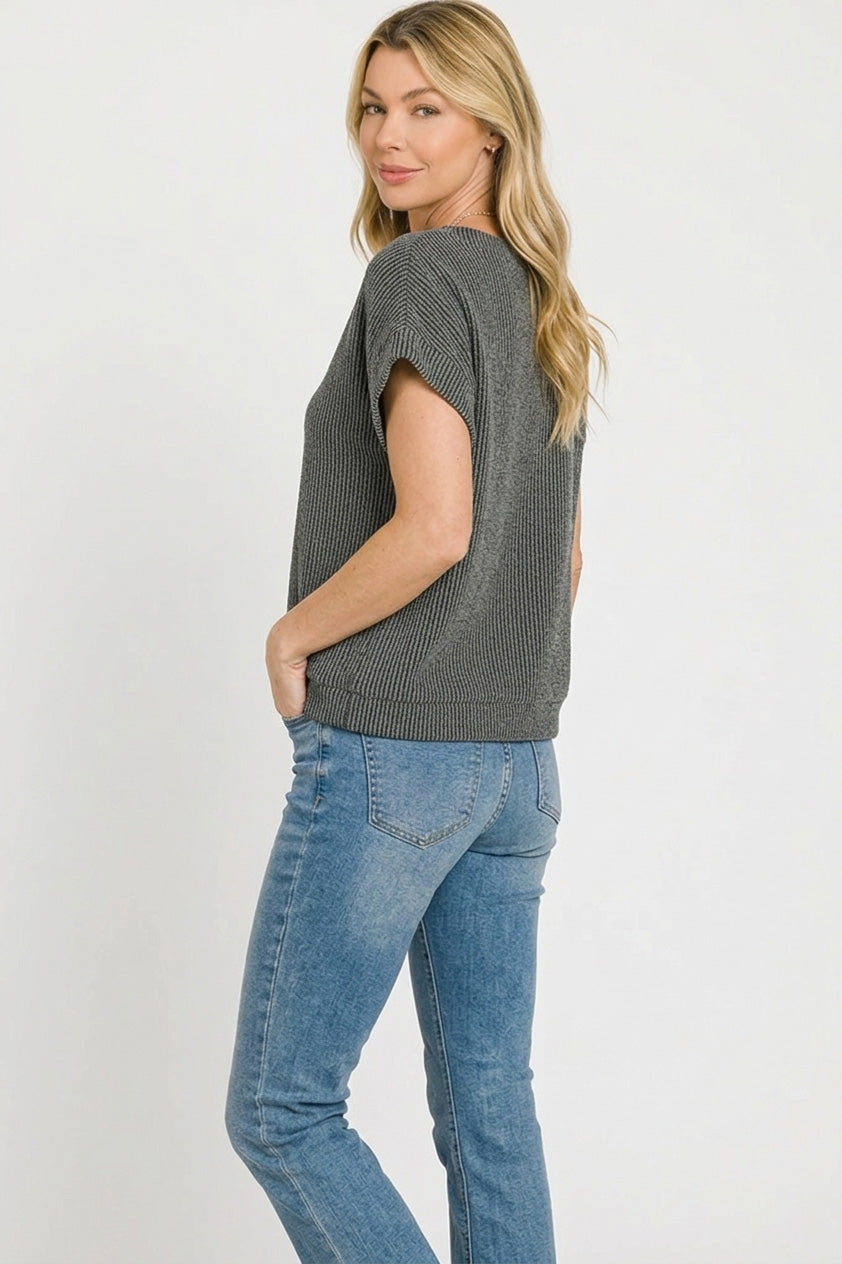 Zenana Raised Rib Striped Short Sleeve Top in Charoal