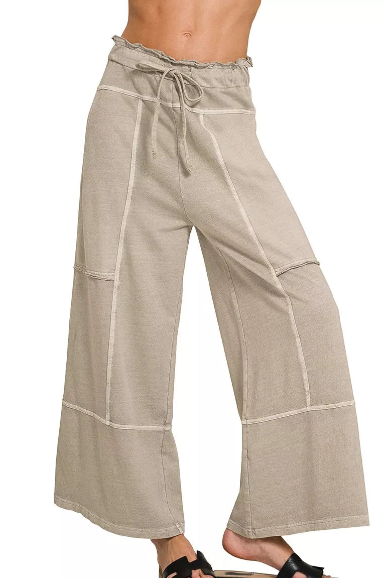 Zenana French Terry Washed Exposed Seam Wide Leg Pants in Ash Mocha