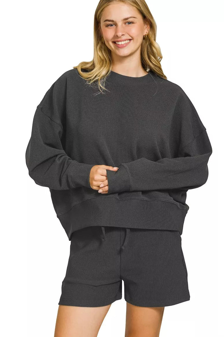 Zenana Ribbed Round Neck Pullover and Shorts Set in Black