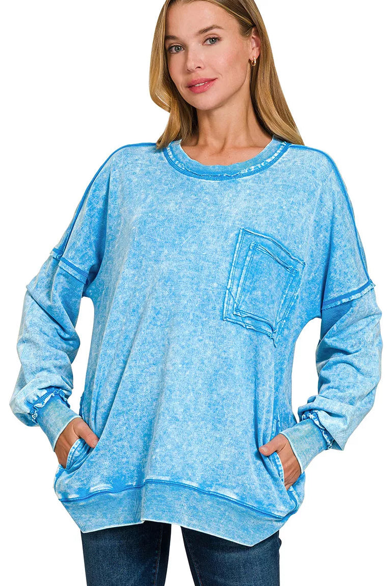 Zenana Acid Washed French Terry Pullover Sweatshirt in Deep Sky