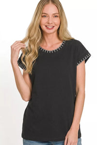 Zenana Contrast Stitch Detail Short Sleeve Top
