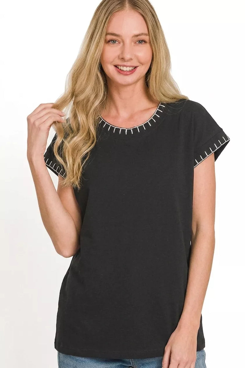 Zenana Contrast Stitch Detail Short Sleeve Top
