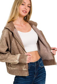Zenana Acid Wash Zip Up Fleece Sweatshirt in Mocha