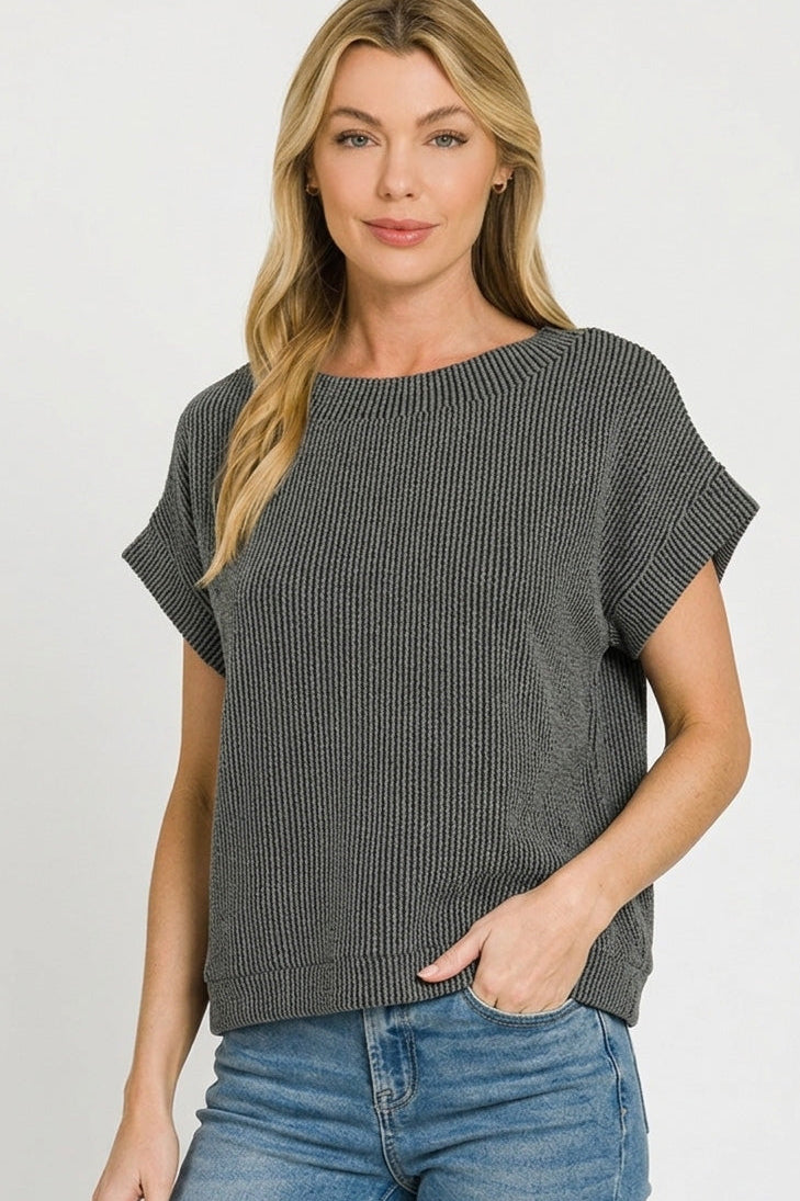 Zenana Raised Rib Striped Short Sleeve Top in Charoal