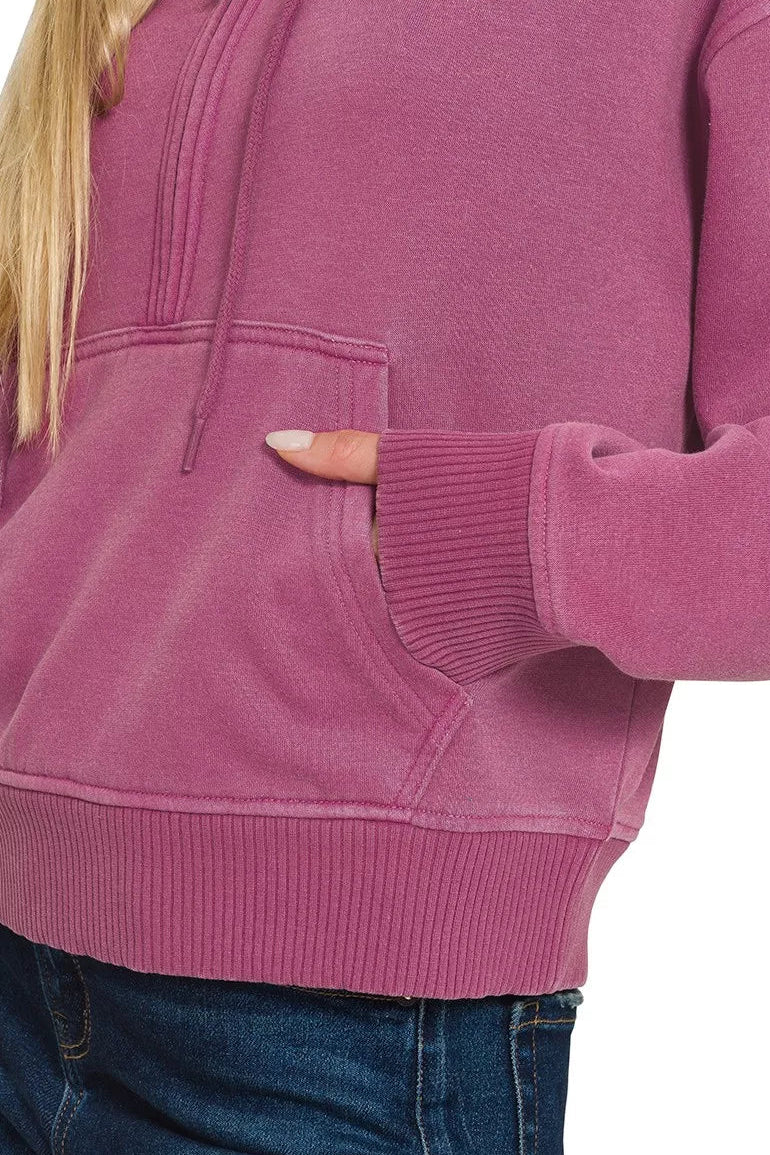 Zenana Fleece Pigment Dyed Half Zip Kangaroo Pocket Hoodie in Wine