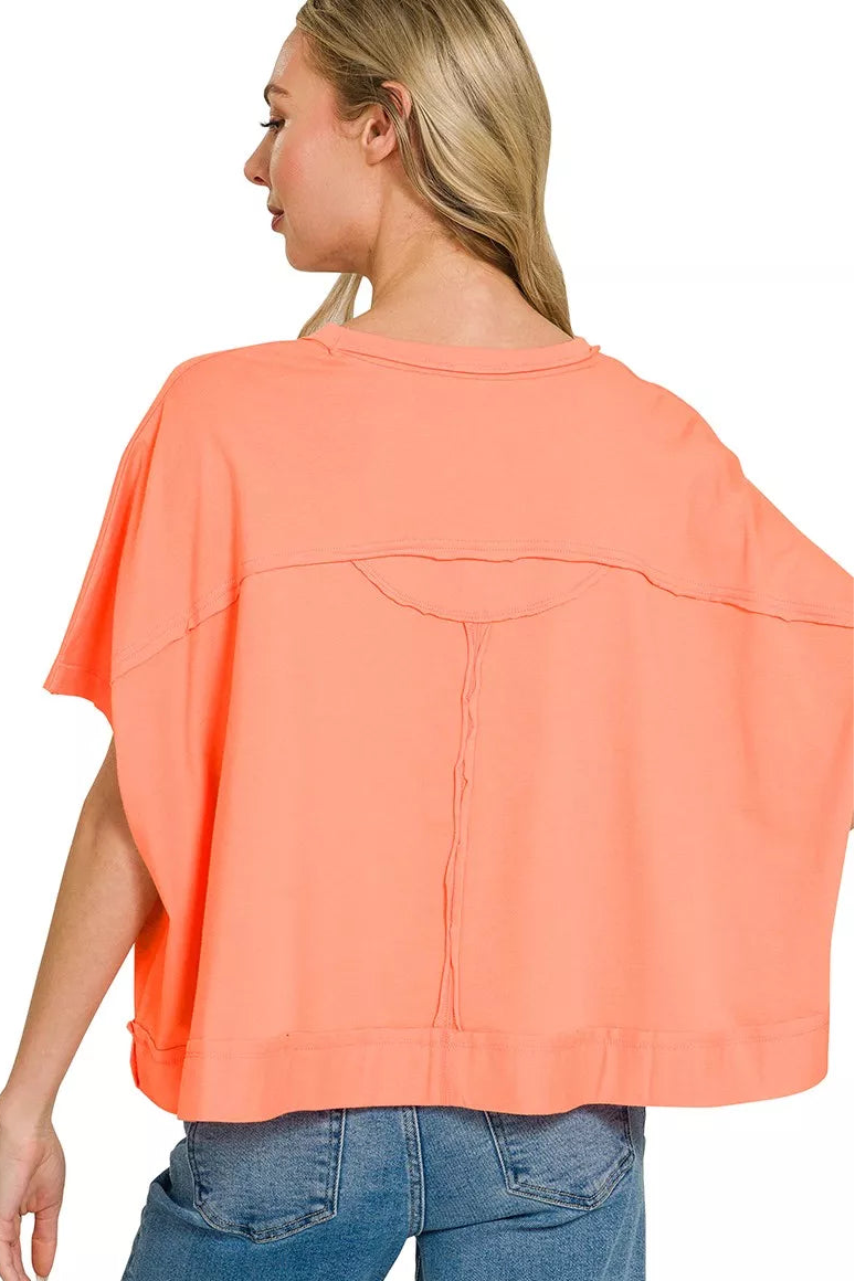 Zenana Exposed Seam Boxy Top in Coral