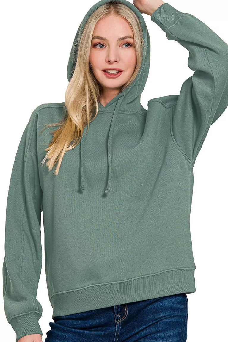 Zenana Relaxed Fit Fleece Kangaroo Pocket Hoodie in Ash Jade