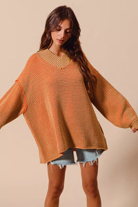 So Me Oversized Two Tone Textured V-Neck Sweater