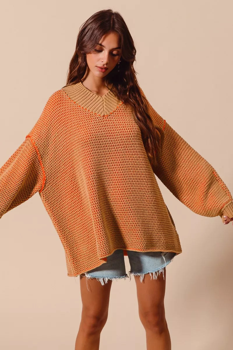So Me Oversized Two Tone Textured V-Neck Sweater