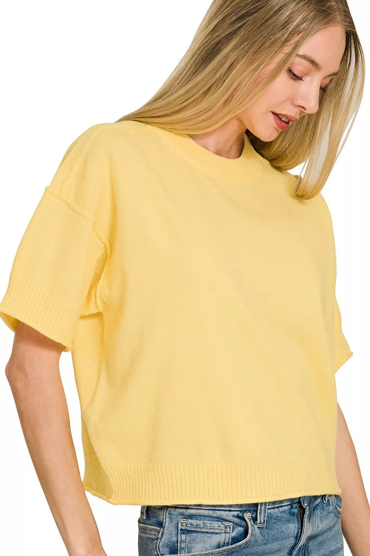 Lightweight Short Sleeve Sweater Knit Top in Butter Yellow
