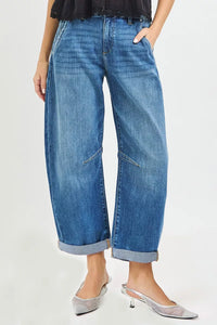 Risen Slouchy Cropped Cuffed Hem Barrel Jeans 