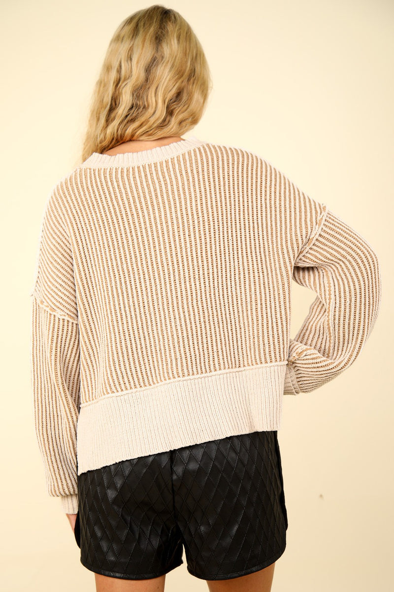 Two Tone Exposed Seam Cropped Striped Sweater