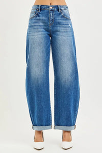 Risen Mid Rise Barrel Double Roll Up Jeans