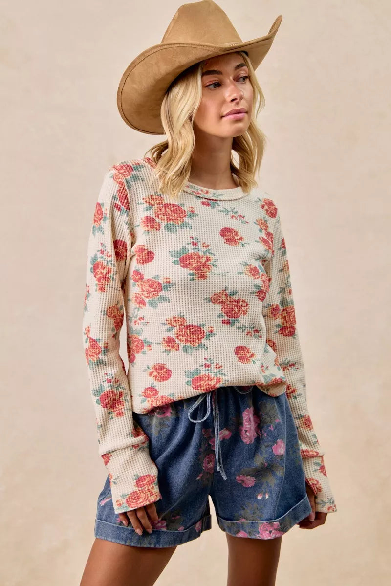 Bibi Floral Print Washed Waffle Knit Thermal Top