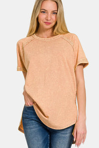 Zenana Cotton Acid Wash Round Neck Short Sleeve Top