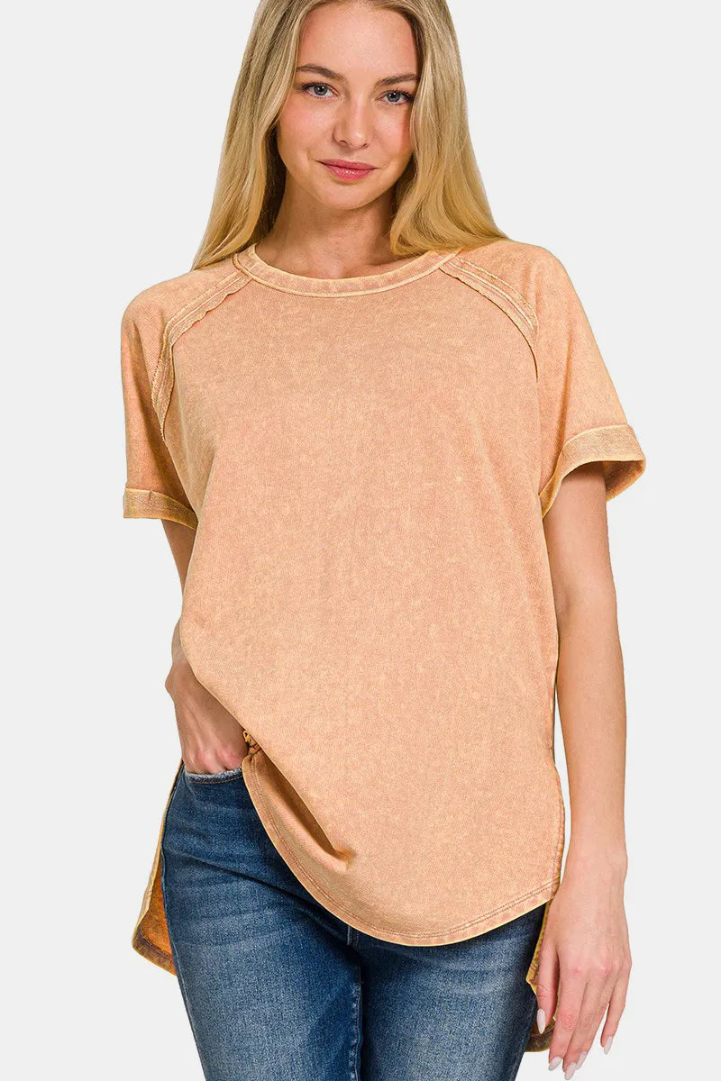 Zenana Cotton Acid Wash Round Neck Short Sleeve Top