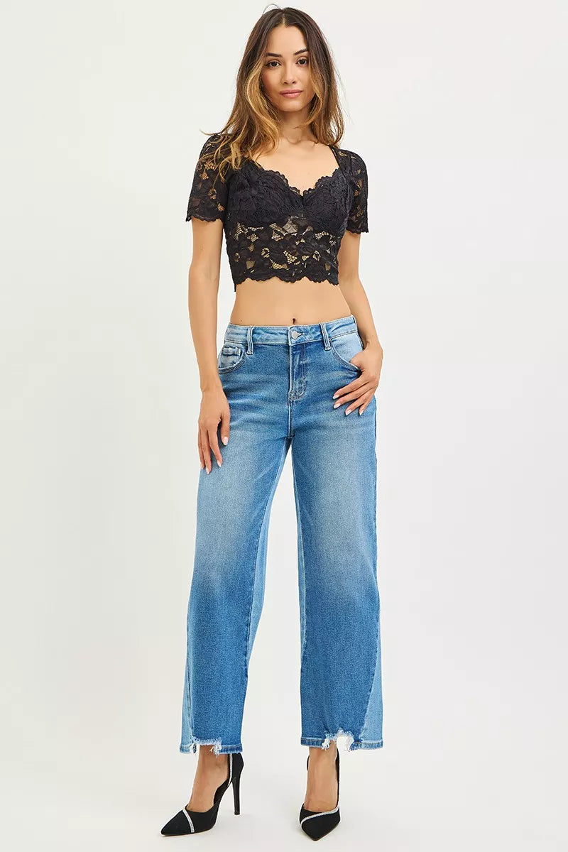Risen Mid Rise Slouchy Cropped Contrast Barrel Jeans