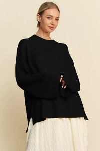 High-Low Round Neck Drop Shoulder Sweater in Black