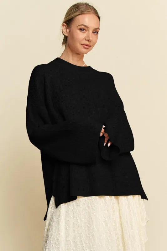 High-Low Round Neck Drop Shoulder Sweater in Black
