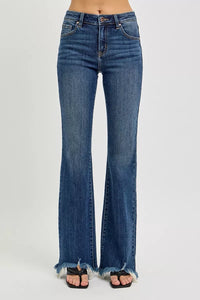Risen Mid Rise Dark Wash Frayed Hem Flare Jeans