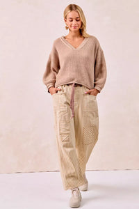 Bibi Drawstring Striped Twill Barrel Pants