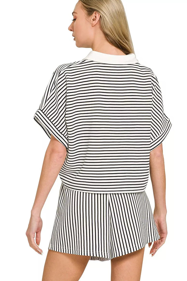 Zenana Stripe Contrast Trim Collared Top & Shorts Set in Black