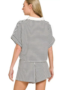 Zenana Stripe Contrast Trim Collared Top & Shorts Set in Black