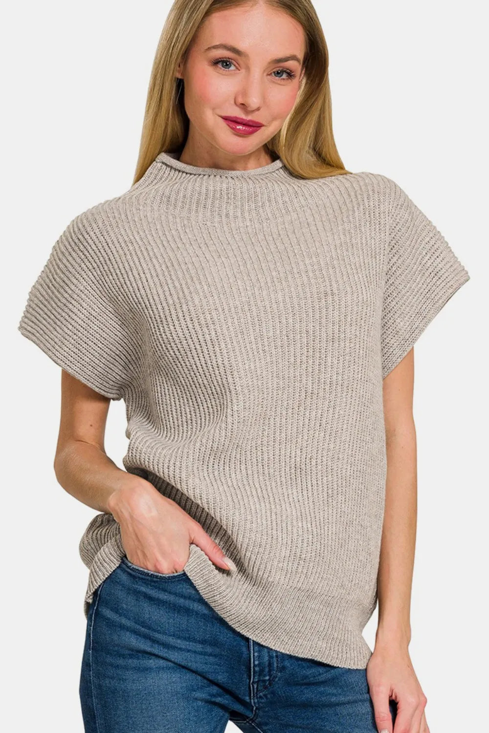 Zenana Heather Mocha Short Sleeve Mock Neck Sweater