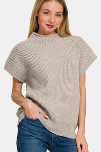 Zenana Heather Mocha Short Sleeve Mock Neck Sweater