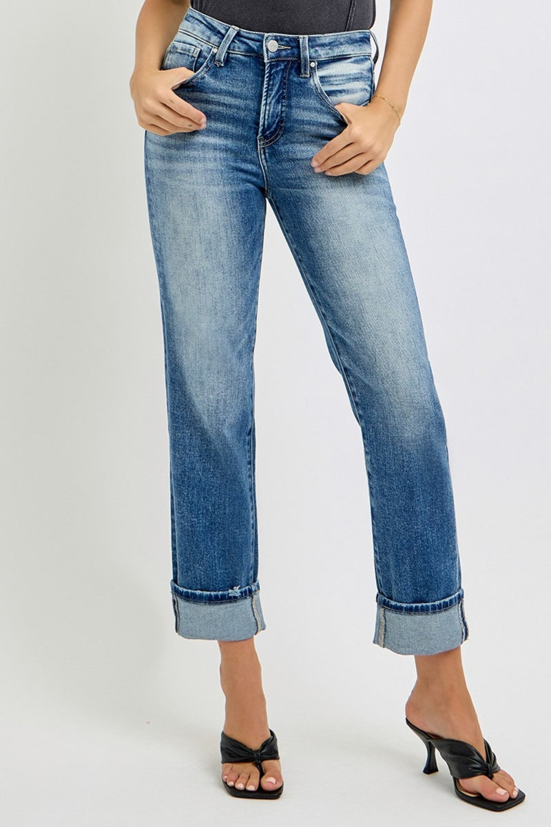 RISEN High Rise Crop Straight Cuffed Jeans