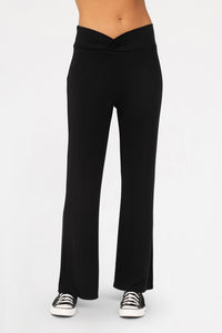 Mono B Cross Pleat Flare Lounge Pants. These slim fit lounge pants feature a flattering crossover waistband with pleat detail and slight flare silhouette.