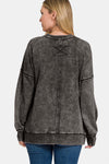 French Terry Exposed Seam Round Neck Dropped Shoulder Sweatshirt - Ash Black