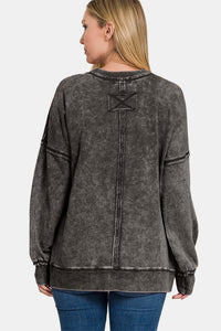 French Terry Exposed Seam Round Neck Dropped Shoulder Sweatshirt - Ash Black